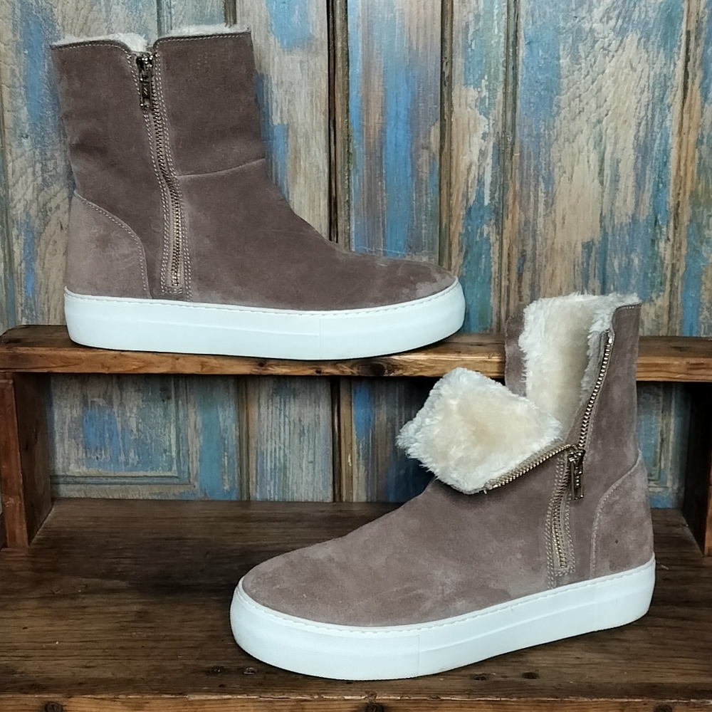 J Slides Suede Faux Shearling Platform Ankle Sneaker Boots Booties Dbl Zip 8.5